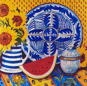 Watermelon, Sunflowers and Striped Jug