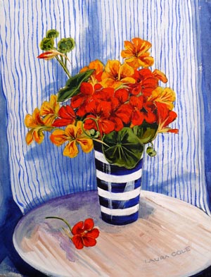 Nasturtiums in a Striped Vase