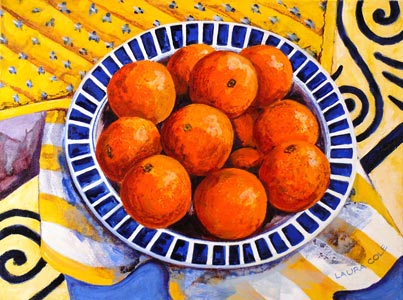 Oranges in a Blue and White Bowl
