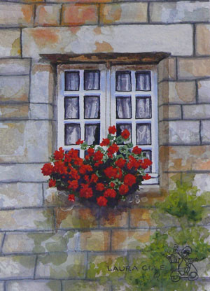 White Window with Red Geraniums