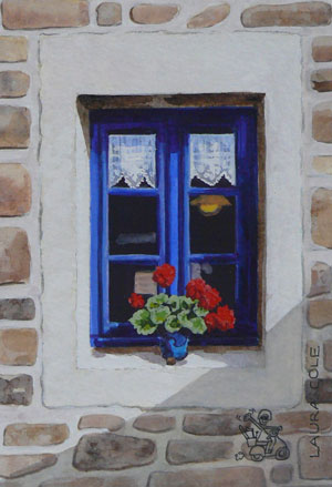 Blue WIndow with Geraniums in Blue Pot