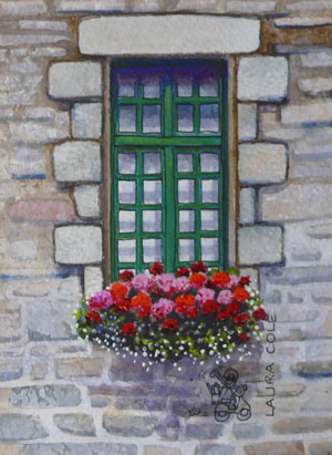 Green Window, Pink & Red Geraniums