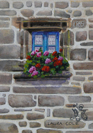 Blue Window, Pink & Red Geraniums